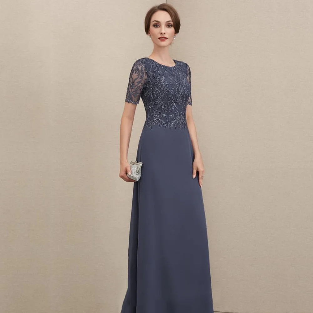 Camellia Elegant Female Dress O Neck Lace Straight Wedding Party Dresses Short Sleeve Mother of Bride Dresses Robe De Soirée