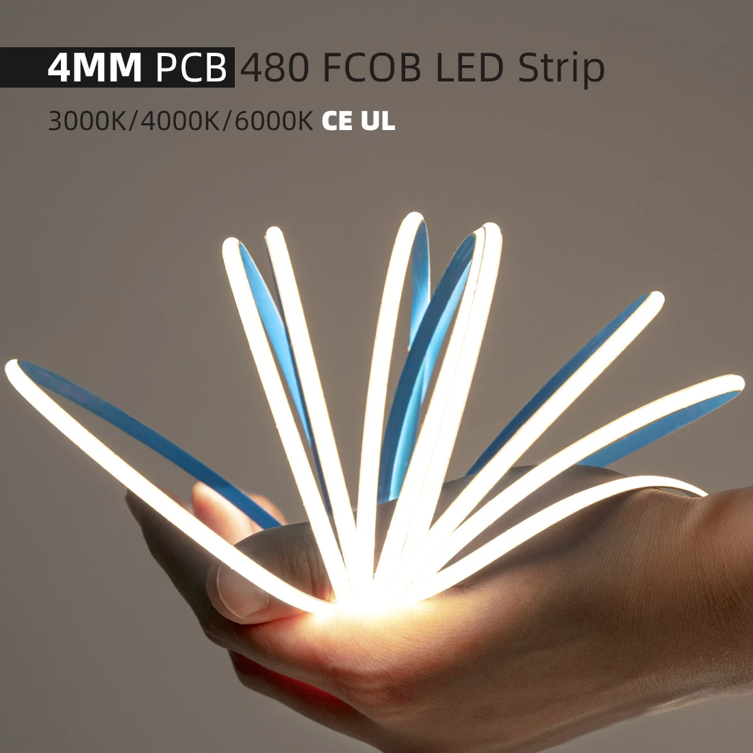 FCOB 4mm 480 LED Flexible COB LED Strip Light High Density FOB Light Linear Ribbon 3000K 4000K 6000K RA90 Dimmable 12V 24V UL CE