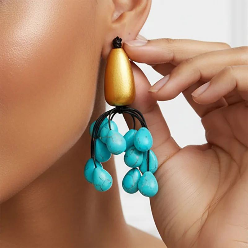 Pendientes de borla exagerados con colgante turquesa, aretes de varias capas, tejidos a mano, aretes de moda para mujer