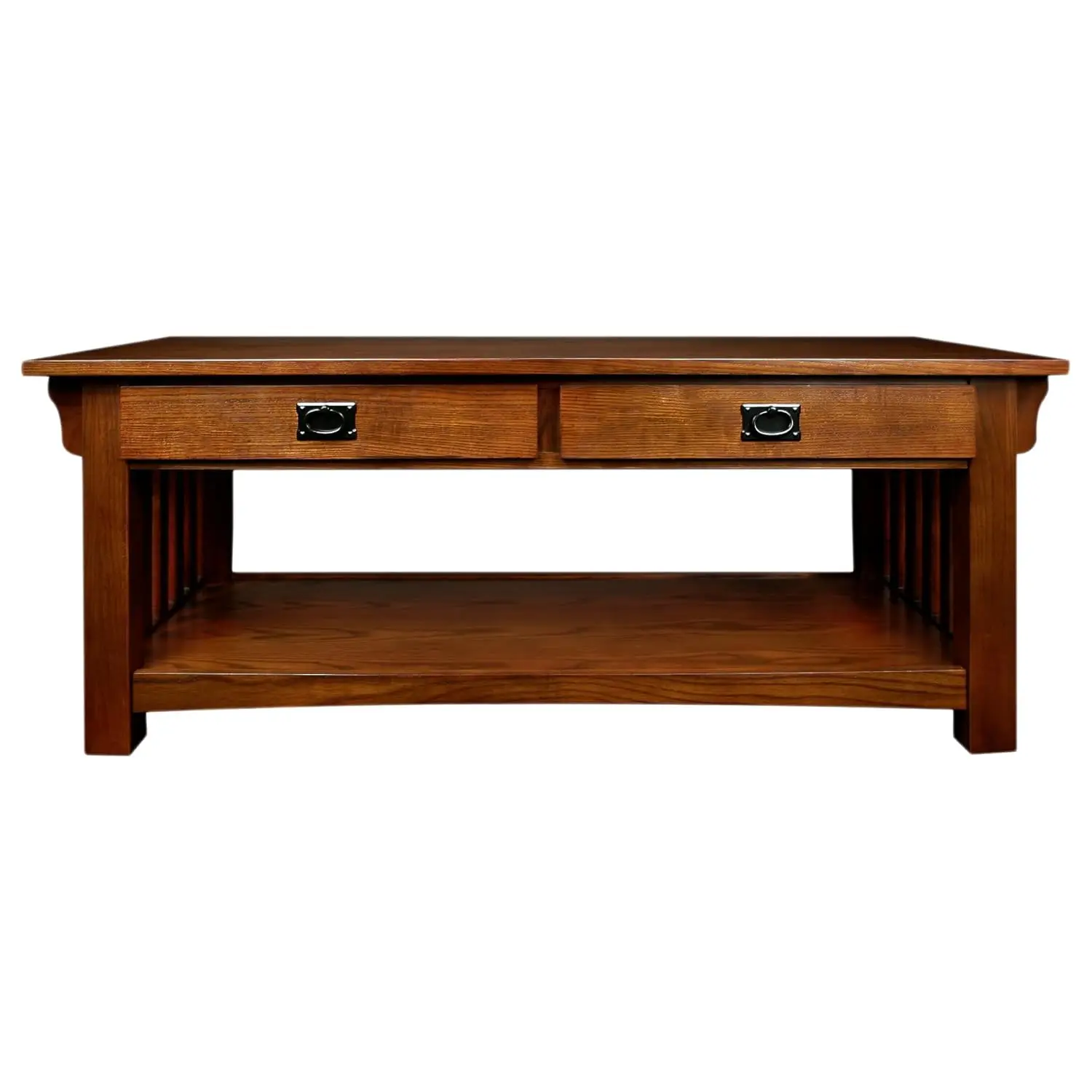 طاولة قهوة، خشب متين مع درجين ورف، لمسة نهائية من خشب البلوط المتوسط، أجهزة سوداء، جوانب شرائحية