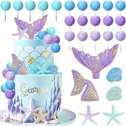 Mermaid Cake Topper 26Pcs Under The Sea Cake Decors Seashell Mermaid Tail Cake Decoration for Ocean Theme Party Supplies