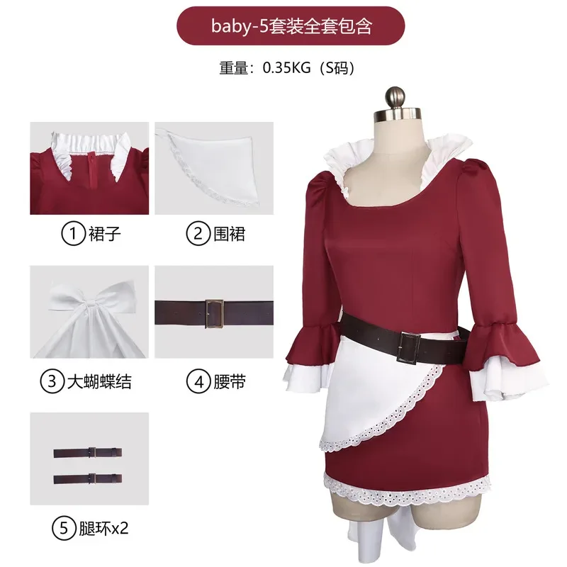Disfraz de sirvienta de Anime Killer Baby-5, vestido de sirvienta francesa de color rojo vino, traje Sexy de Halloween, uniforme de juego de rol de una pieza de Anime