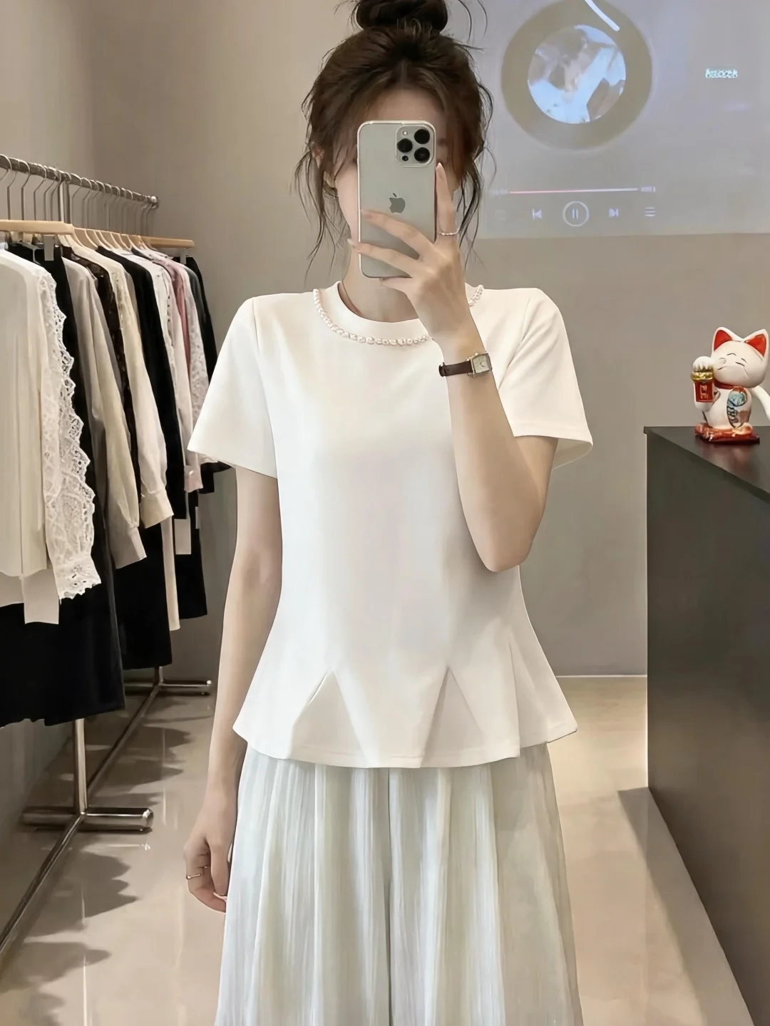 Slimming Short Sleeve T-Shirt Women's Summer Fashion Design Bead Embellished Base Shirt plus Size Korean Style Commute Wear