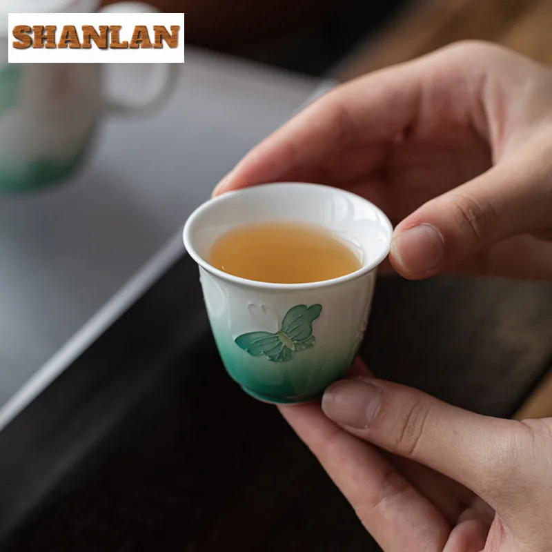 2 قطعة/الوحدة النعناع الأخضر كومة اللوحة فراشة فنجان الشاي الرجعية وعاء الشاي القدح الشاي تذوق التأمل كوب Chazhan ماستر أكواب الشاي 45 مللي #5