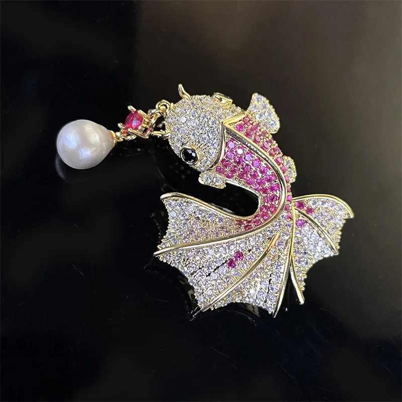 OKILY Shiny Zircon Cute Goldfish Brooch with Real Pearls for Women's Clothing Pin Elegant Natural Freshwater Pearl Animal Broch