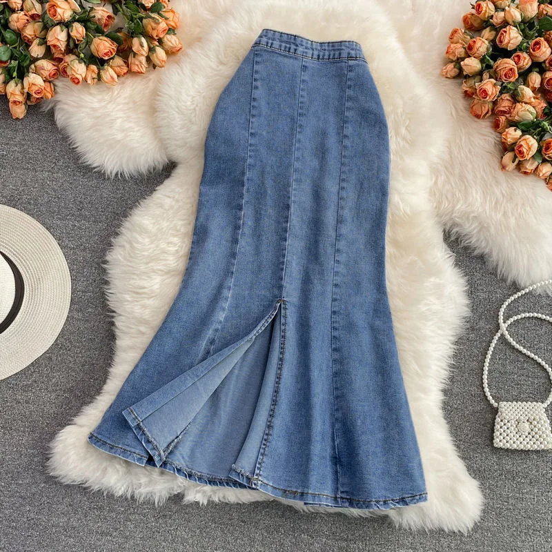 New Womens Multi Color High Waisted Denim Midi Skirt Front Split Flare Mermaid Long Jean Skirt