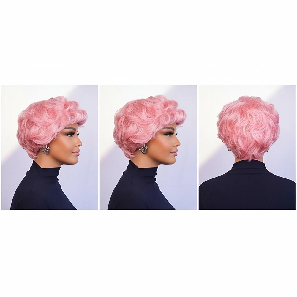 Розовый цвет Свободные вьющиеся парики Короткие парики с стрижкой пикси Человеческие волосы с челкой для женщин Базильские волосы Машинное производство Кепка 100% человеческие волосы