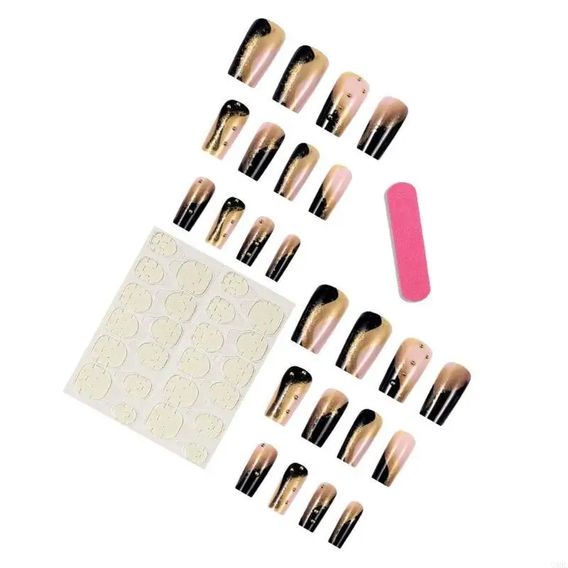 G99E 24 pcs mittlere quadratische Presse auf Nagel Schwarz Gold Glitzer Falsch Nagel Voller Deckung Künstlicher Nagel Maniküre