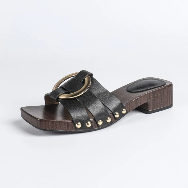 2026 New Model Metal Snap-On Buckle Small-Scale Design Thick-Heeled Thick-Toe Sandals for Women - Single-Toe Slippers view 6