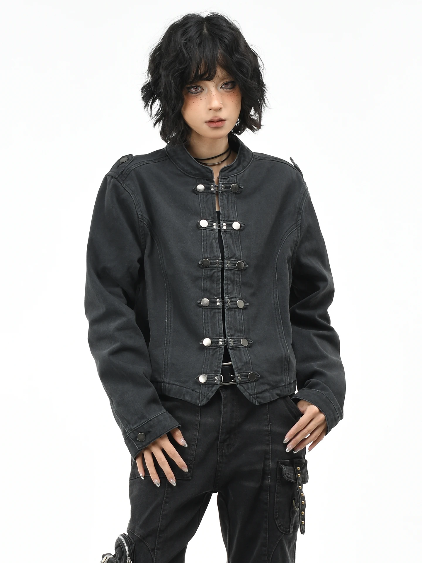 

OV Original Punk Sle изношенный металлический синий воротник-стойка Jaet женский свободный топ со шлейфом для осеннего сезона