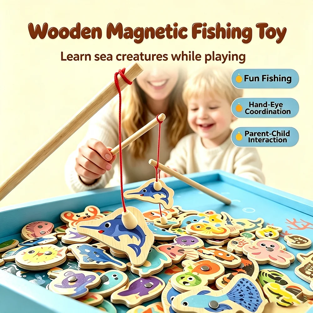 Kids Wooden Magnetic Fishing Game Multiple Sea Creature Fishing Rod Toy Baby Early Educational Parent-child Interactive Toy Gift