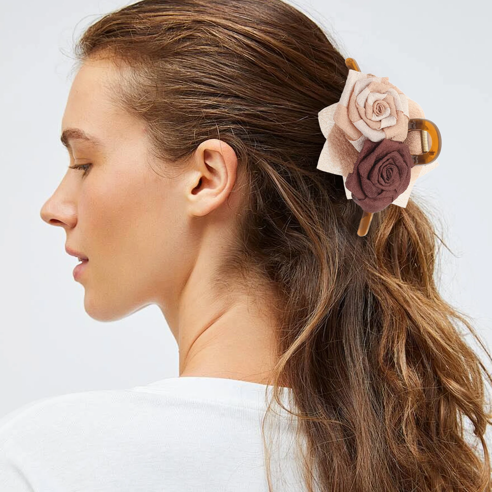 

Заколка для волос с розовым цветочным принтом, винтажный бежевый кофейный тон, держатель для женщин, повседневная офисная одежда для вечеринок, дизайн структуры акулы