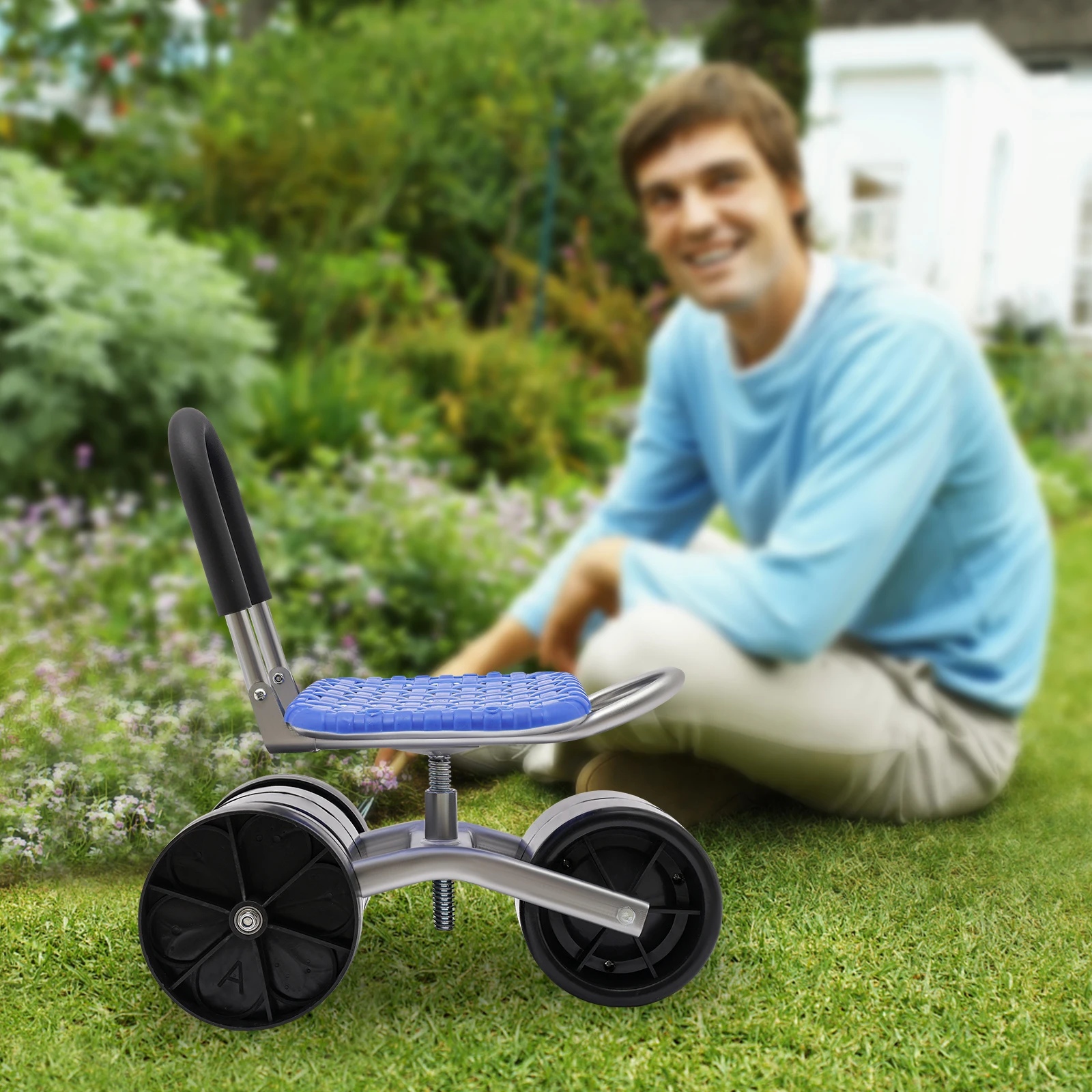 

Garden Rolling Stool Workseat with 4 Wheels, Stable Sturdy Cart Seat, Adjustable Height and Direction Kneeling Pad for Gardening