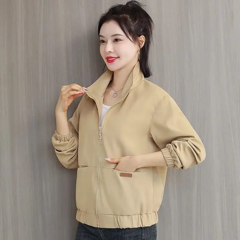 Double With Lining Women Short Jacket Coat Spring Autumn New  Stand Collar Tooling Overcoat Korean Casual Windbreaker Basic Tops