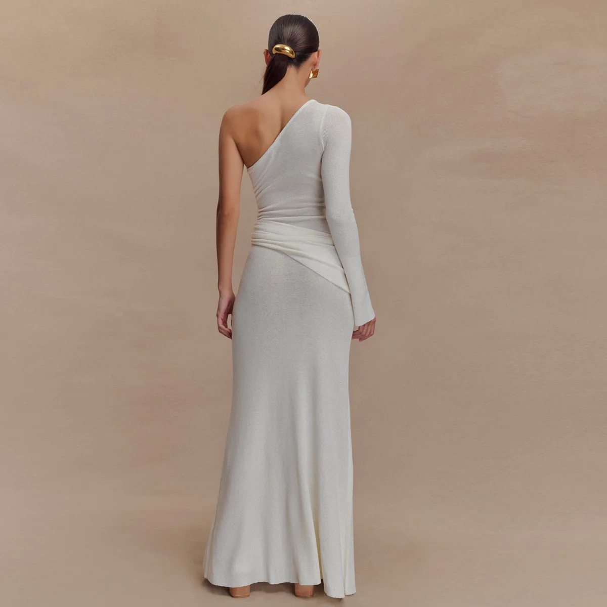 Sukienka maxi z dzianiny z jednym ramieniem i wycięciem, damska, modna, dopasowana, z długim rękawem, typu bodycon, idealna na imprezę, wieczór i do noszenia na co dzień.