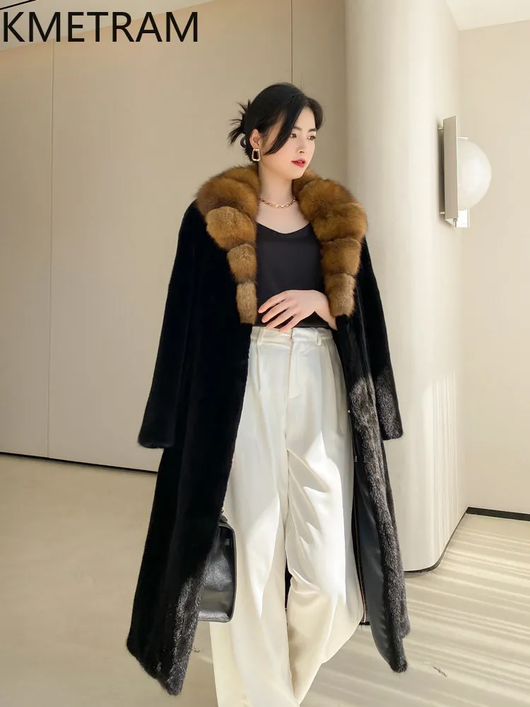 KMETRAM 100% Whole Mink Fur Jacket Woman Fashion Black Long Real Mink Fur Coat with Sable Collar Winter Women Clothing 2026 шуба