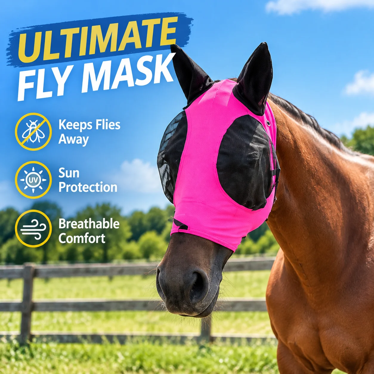 Horse Fly Mask with Ears and Nose Cover, Anti-UV Breathable Mesh Insect Protection, Adjustable Riding Fit