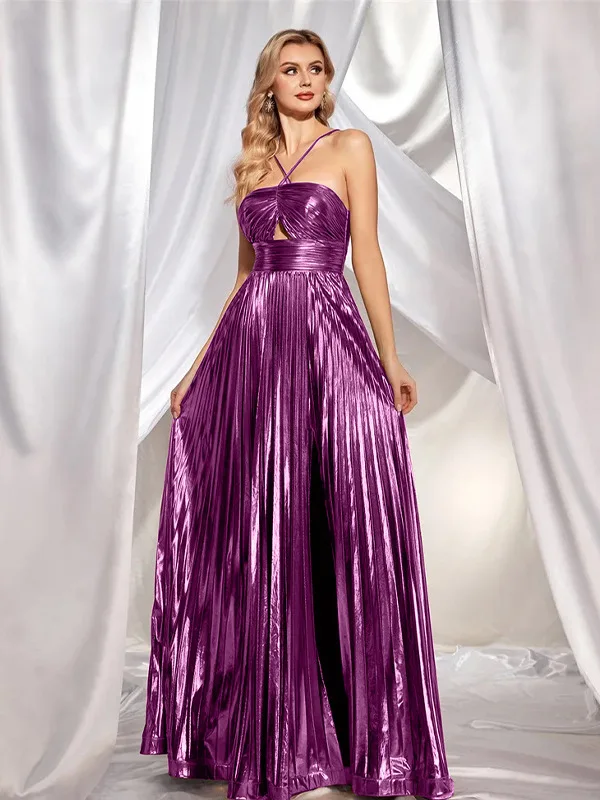 Women's Clothing Halter High Waist Long Dress Sexy Hollow Out Sleeveless Pleated Evening Dress Casual Backless Swing Robe Dress