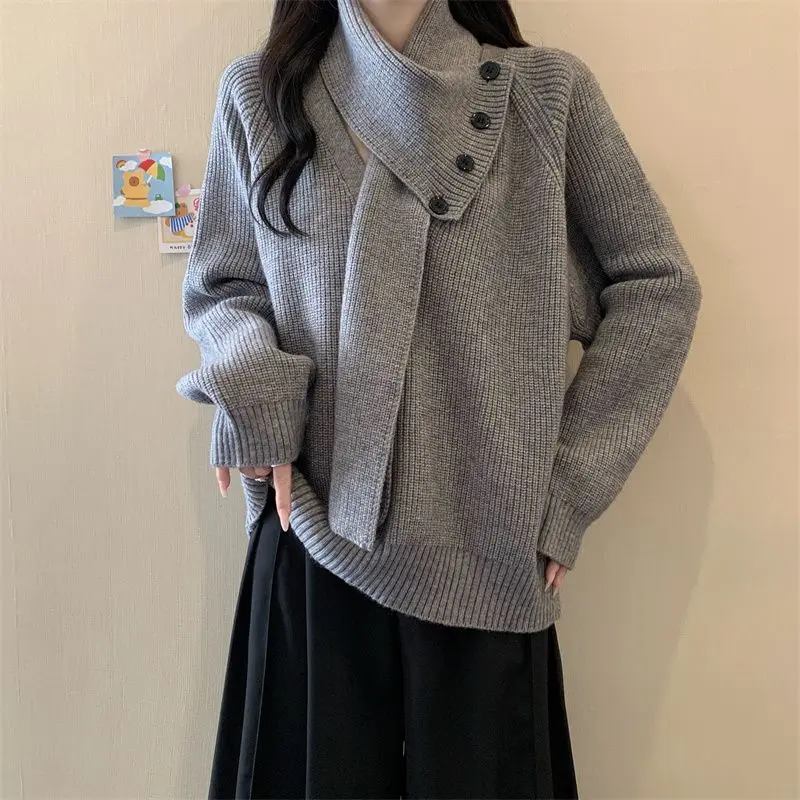 

Detachable Collar Knitted Sweaters for Women Offers Casual Long Sleeve Light Basic Cheap Top Jumper Fall Grey Female Pullover