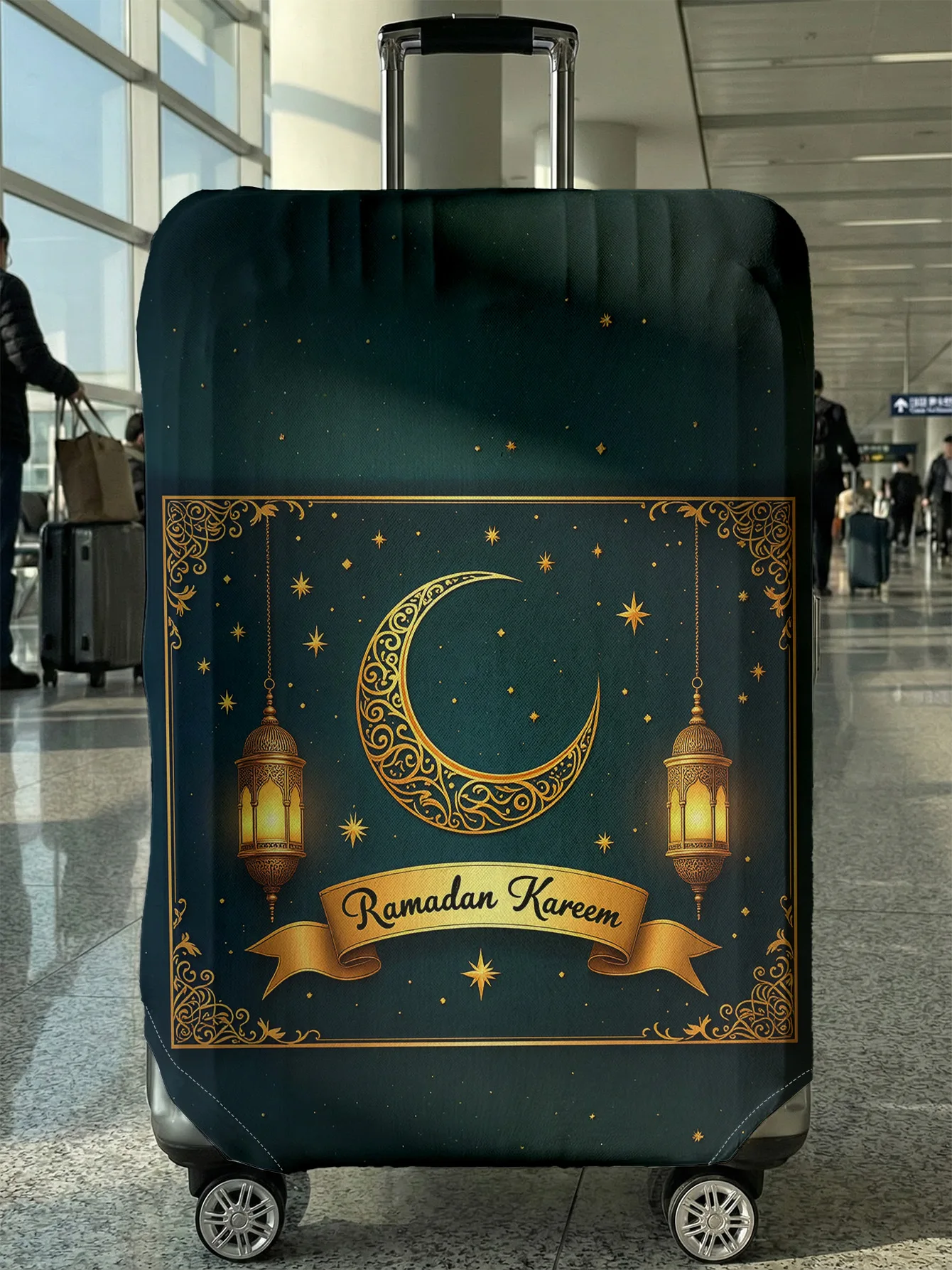 

Dark Green Gold Pattern Ramadan Luggage Cover, Suitable for 18-32 Inch Luggage Cover, Luggage Handle Glove, Travel Accessories
