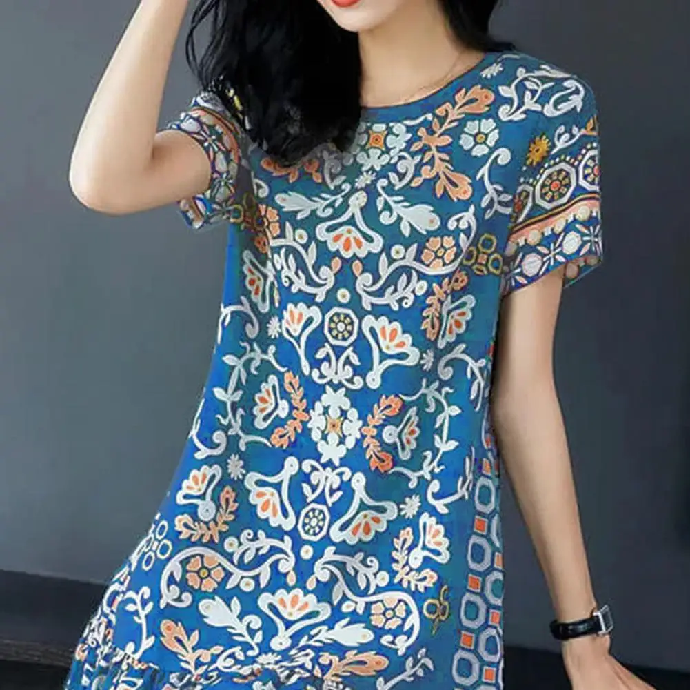 Vestido feminino de verão, gola redonda, meia manga, estampa retrô, linha a, bainha grande, comprimento do joelho, solto, casual, uso diário, férias, midi