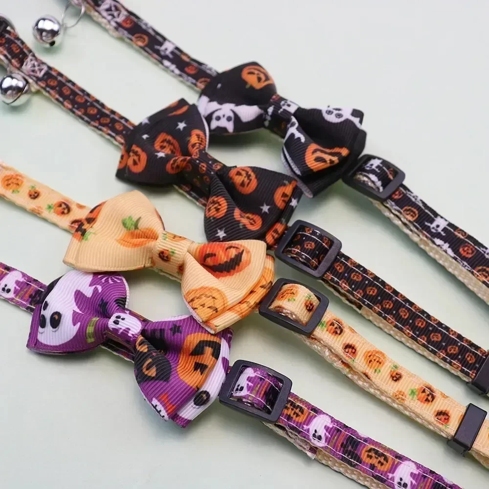 1× Halloween-Katzenhalsband mit Fliege, Glocke, Kürbis-, Totenkopf- und Geistermustern, Sicherheitsverschluss, verstellbares Katzenzubehör für Haustiere – Detail 5