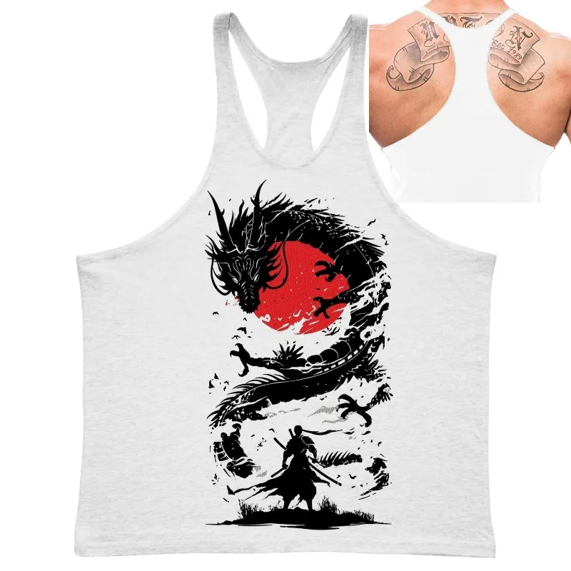 Gym Vest Men's Japanese Samurai & Dragon Graphic Stringer Tank Top Ukiyo-e Style Print Bodybuilding  Summer Sleeveless Shirt