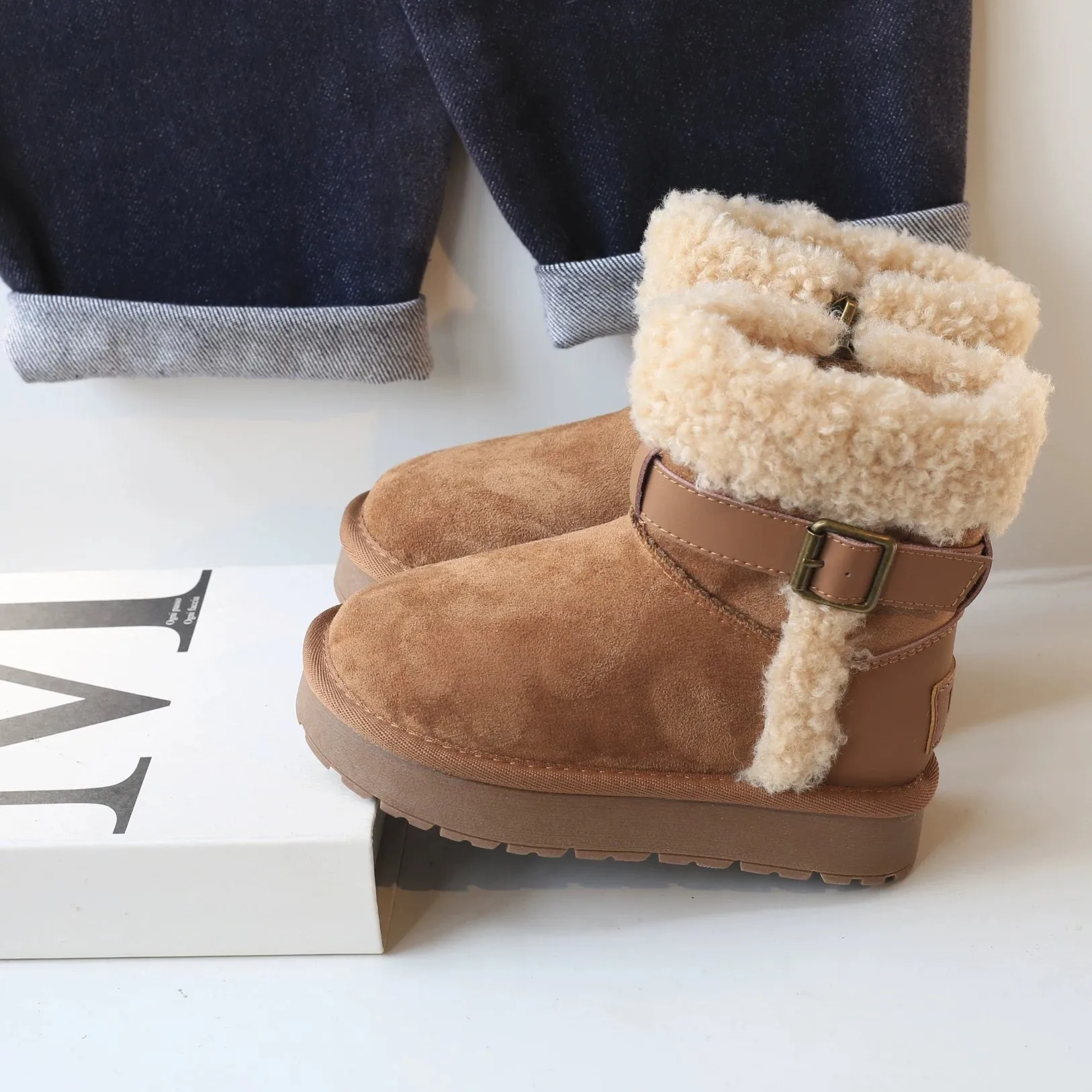 Kids'Boots PU Leather Buckle Plush Fashion Winter Flat Boots For Children Anti-slip Warm Designer Brown Shoes Size 26-37
