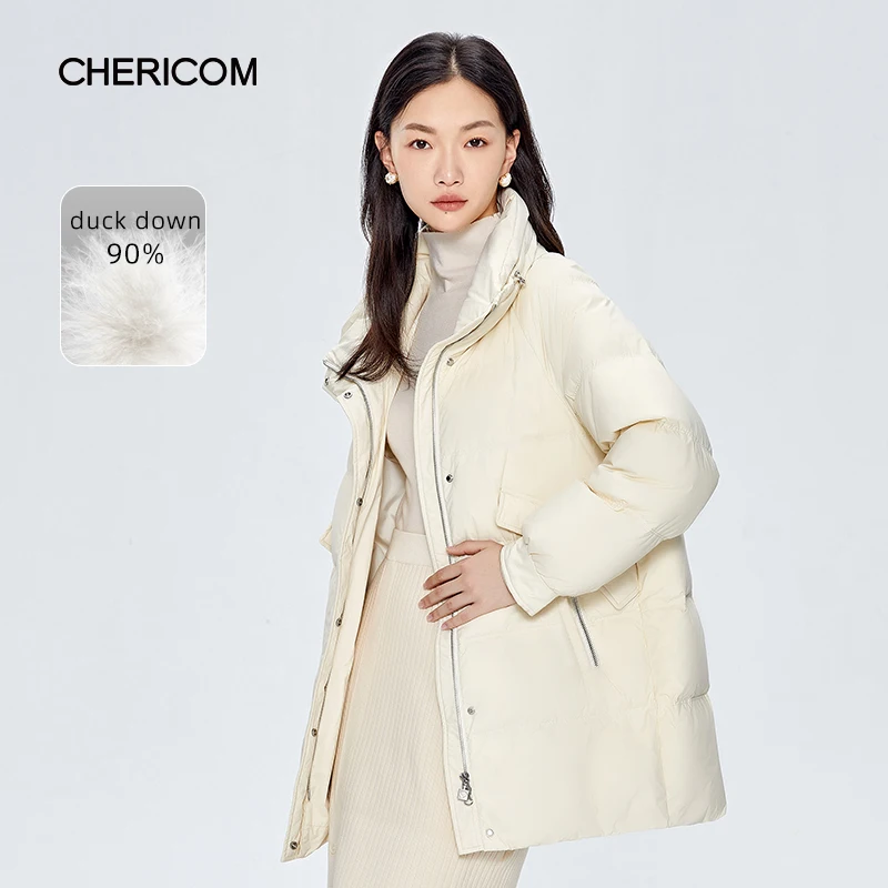 

Chericom Women's Winter Stand Up Collar Solid Duck Down Padded Jacket Windproof Mid Long Down Jacket Fashion Casual Coats 289130