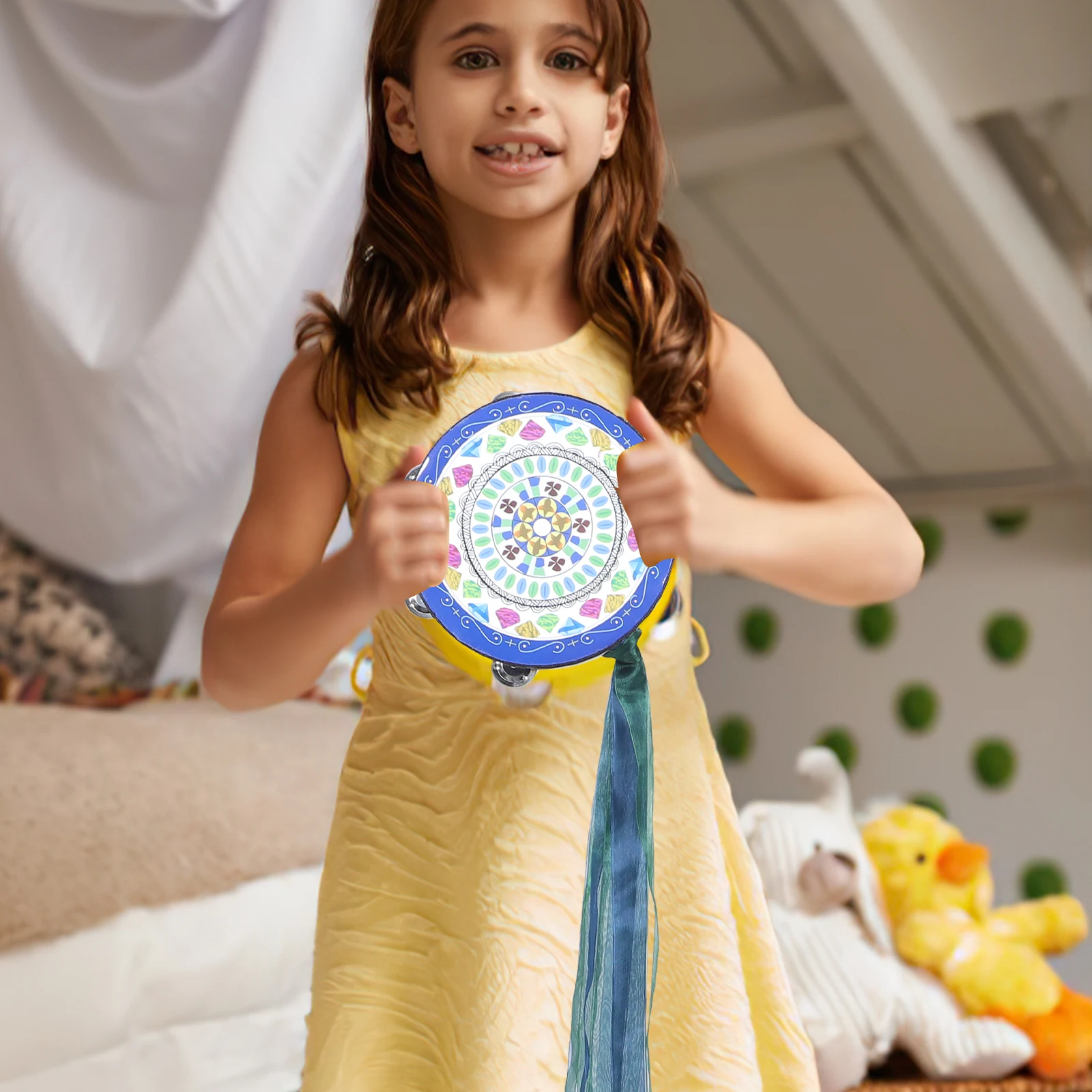 

Ribbon Decorated Tambourine Hand Drum Musical Instrument for Kids Dance Performance Prop Tambourine for Church