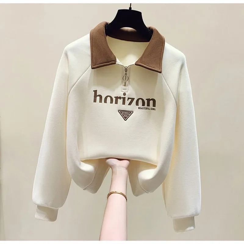 Women's Autumn and Winter Fashion Simplicity Printing Polo Collar Long Sleeve Sweatshirts Women Clothes Casual Loose Tops