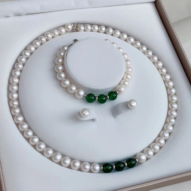 8-9Mm Near Round Freshwater Pearl Necklace Natural Agate Collarbone Chain S925 Silver Earrings Bracelet