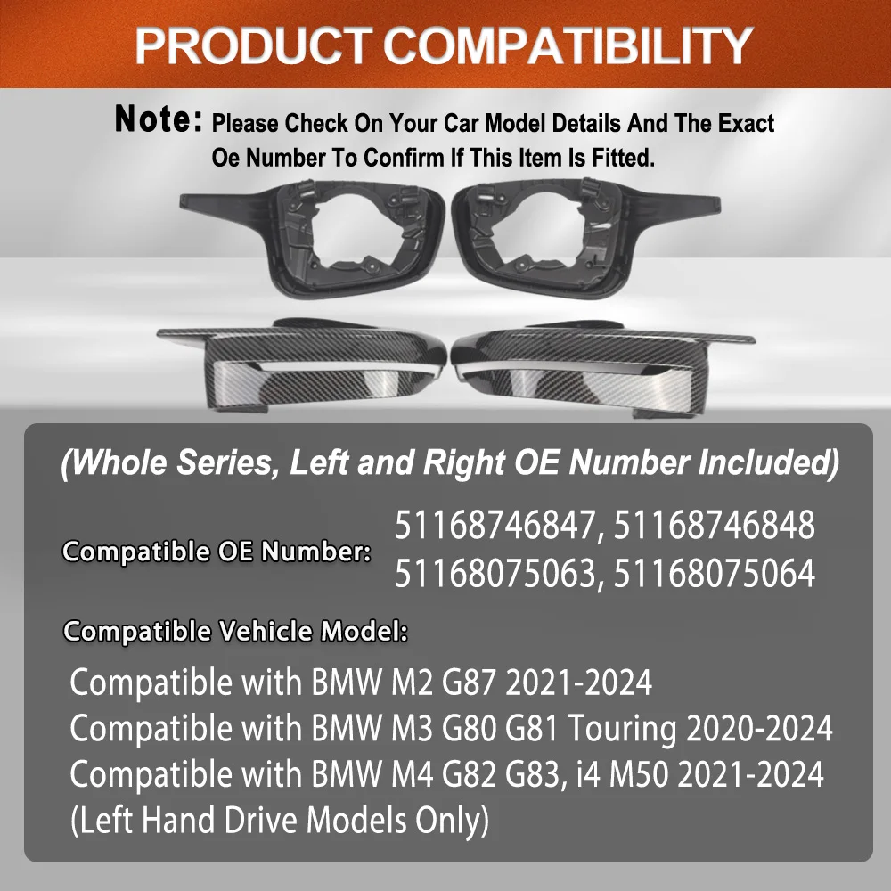 For BMW M2 G87 M3 G80 G81 Touring M4 G82 G83, i4 M50 Car Rearview Mirror Housing Cover Cap 51168746847, 51168746848
