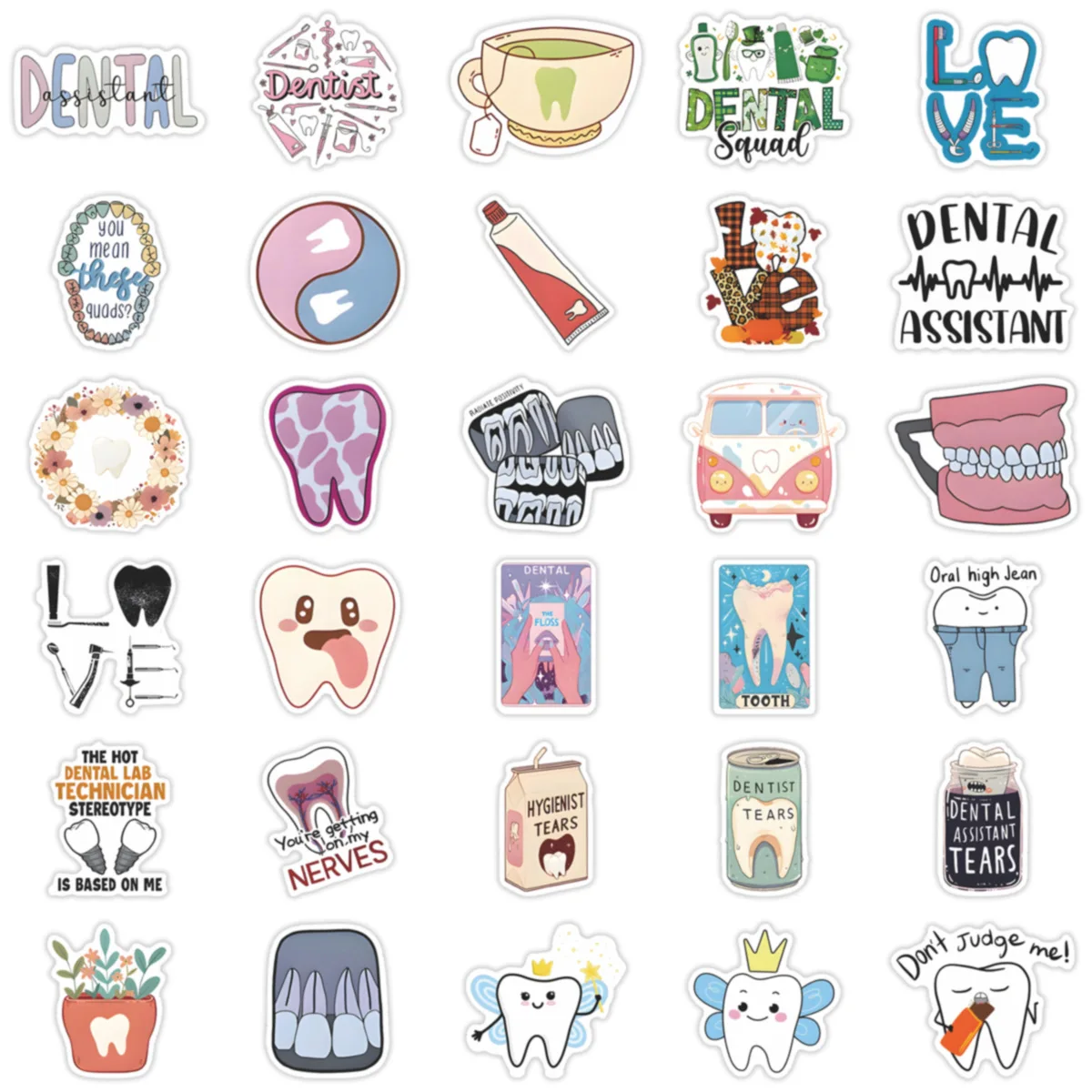 50Pcs Cute Dental Tooth Shaped Stickers Cartoon Teeth Sticker Dentist Store Toothbrush Label Decoration Dentistry Gifts