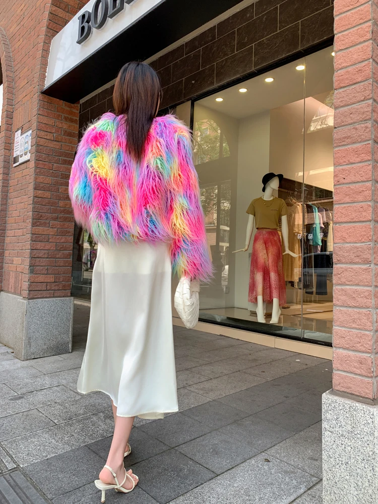 Original Design Female Fashion Pink Colorful Faux Fur Coat Lady Shaggy Outerwear Women\'s Short Jacket Factory Direct Sales