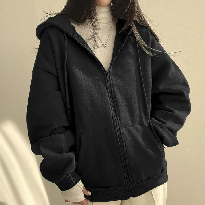 Women Hoodies 2024 Autumn Retro Solid Color Zip Up Oversized Sweatshirts Harajuku Version Long Sleeve Hooded Jackets Coat