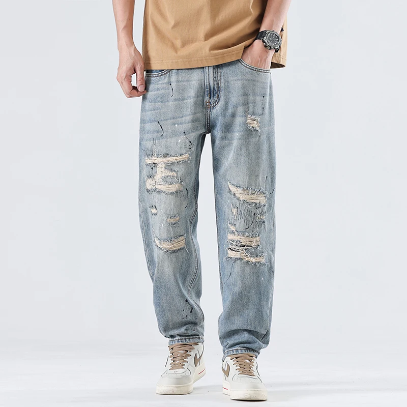 

5K1070 High-grade new broken holes flung ink trend design loose tapered straight broken patch jeans men