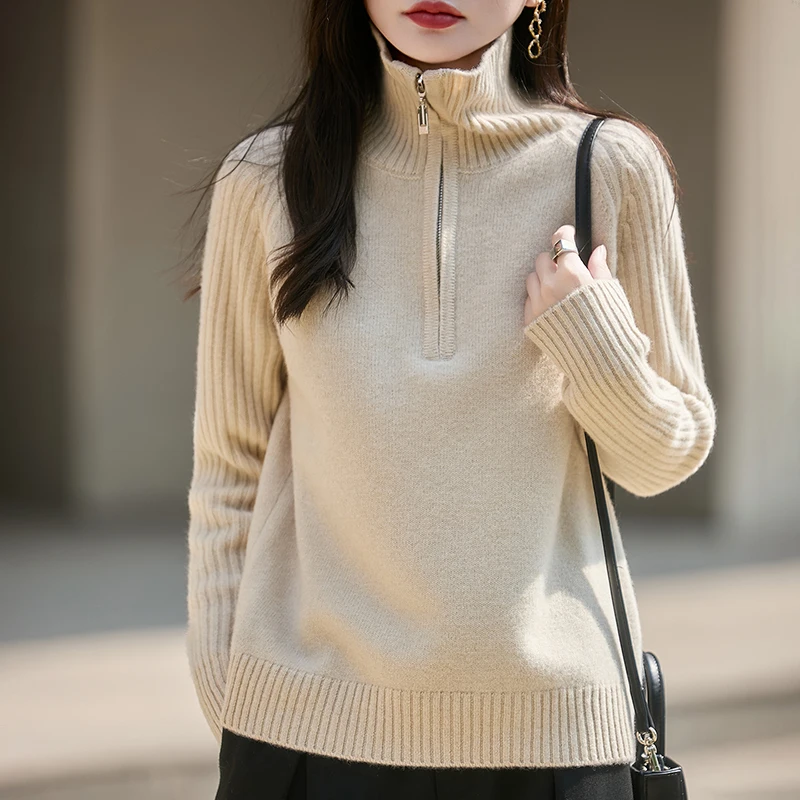 Damski sweter z wełny na jesień i zimę, z kołnierzem i zamkiem błyskawicznym, jednolity kolor, luźny i miękki, wysokiej jakości top.