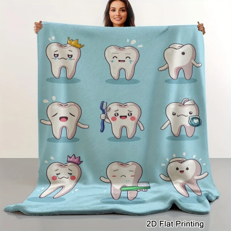 Newest Blanket Cute Cartoon Teeth Dental Print Flannel Blanket Soft Cozy Sofa Bed Throw Blanket