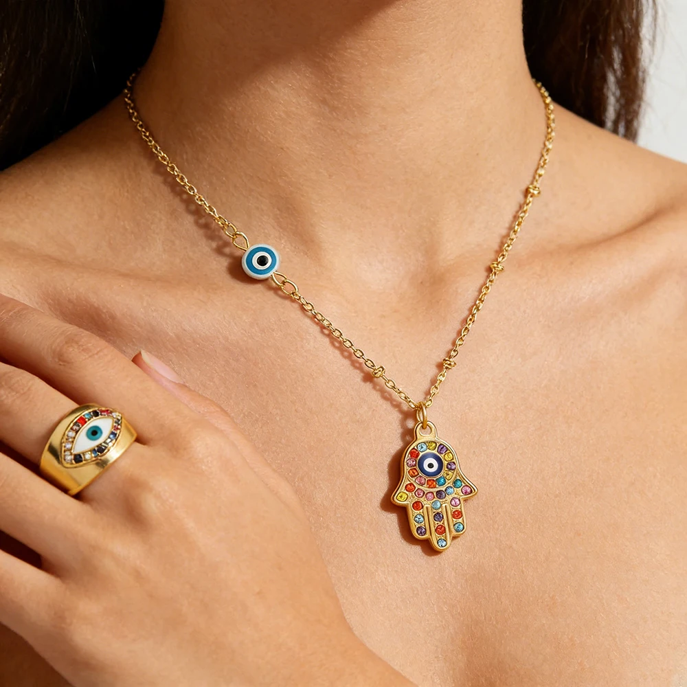 1-2PCS/Set Devil's Eye Jewelry Set For Women 18K Gold Plated Stainless Steel Evil Eye Necklace Ring Waterproof Non-Fading Unisex