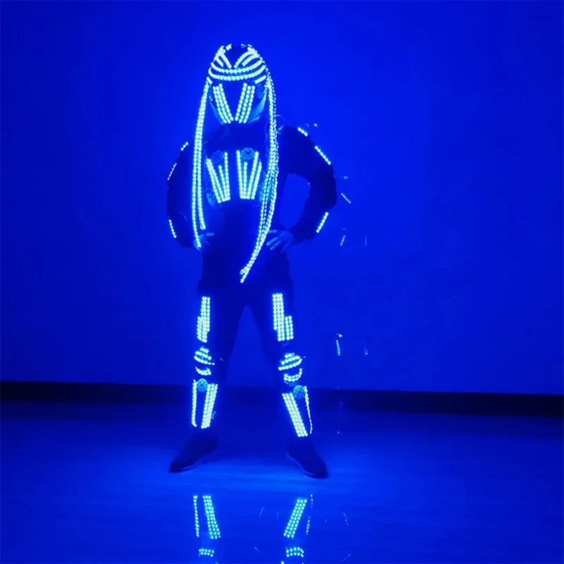 2025 كرنفال RGB التحكم عن بعد LED روبوت مضيئة درع وامض زي مع خوذة ملونة مرحلة الأداء الملابس