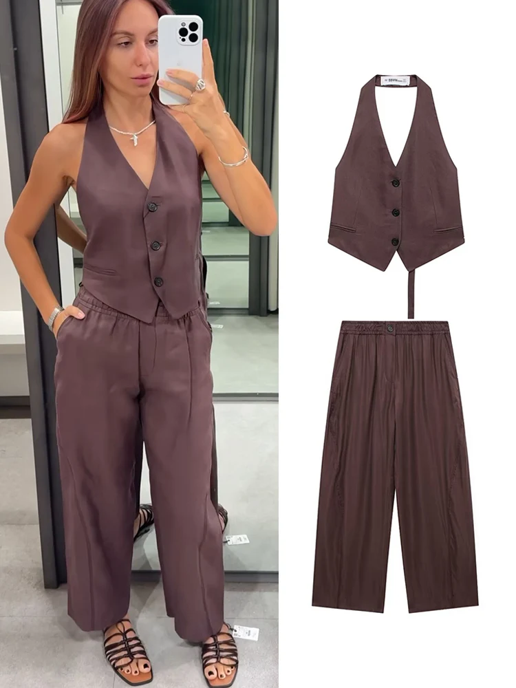 TRAF Fashion Women Solid Halter Top Pant Suits Vintage Summer Backless Single Breasted Tops Elastic Waist Wide Leg Pants Sets