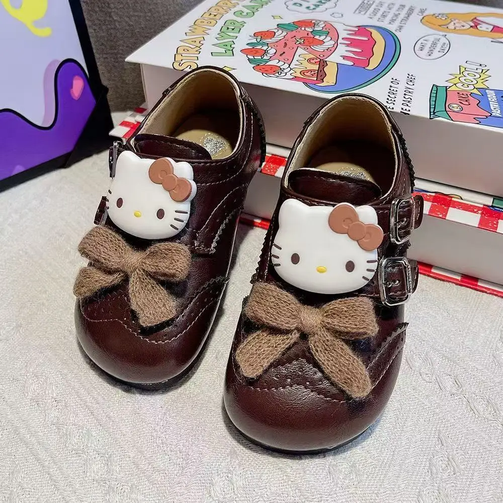 r ‌ 실제 사진 2025 신상 편안한 헬로키티 쿠로미 만화 리본 패션 여자아이 어린이 캐주얼 플랫 가죽 신발