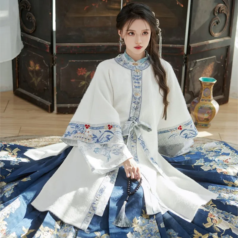 

Warm Cardigan Dress Blue and White Porcelain Ming Han Clothing for Women