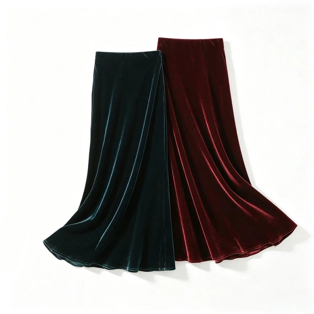 Women's Fashion Autumn Clothing 30% Natural Mulberry Silk Velvet Extended Fit Slant Cut Solid Color Butt Wrapped Tail Skirt