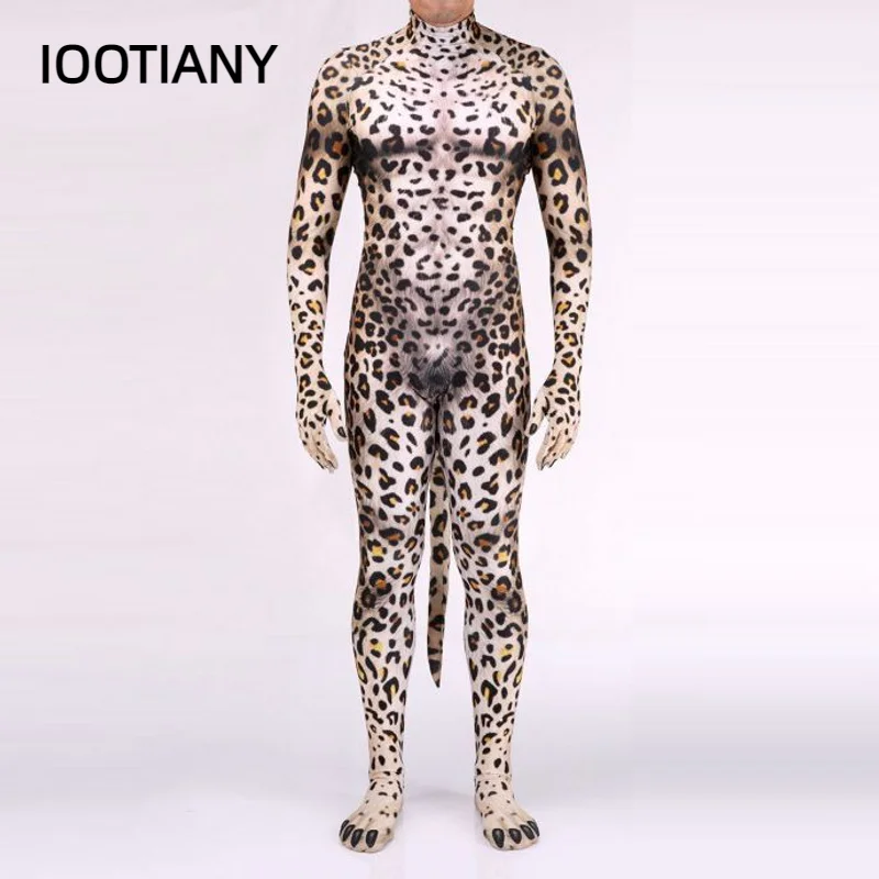 IOOTIANY Halloween Cosplay anime Huskies Costumes Animal Leopard Print Bodysuit Unisex Polyester Spandex with tail for Adult