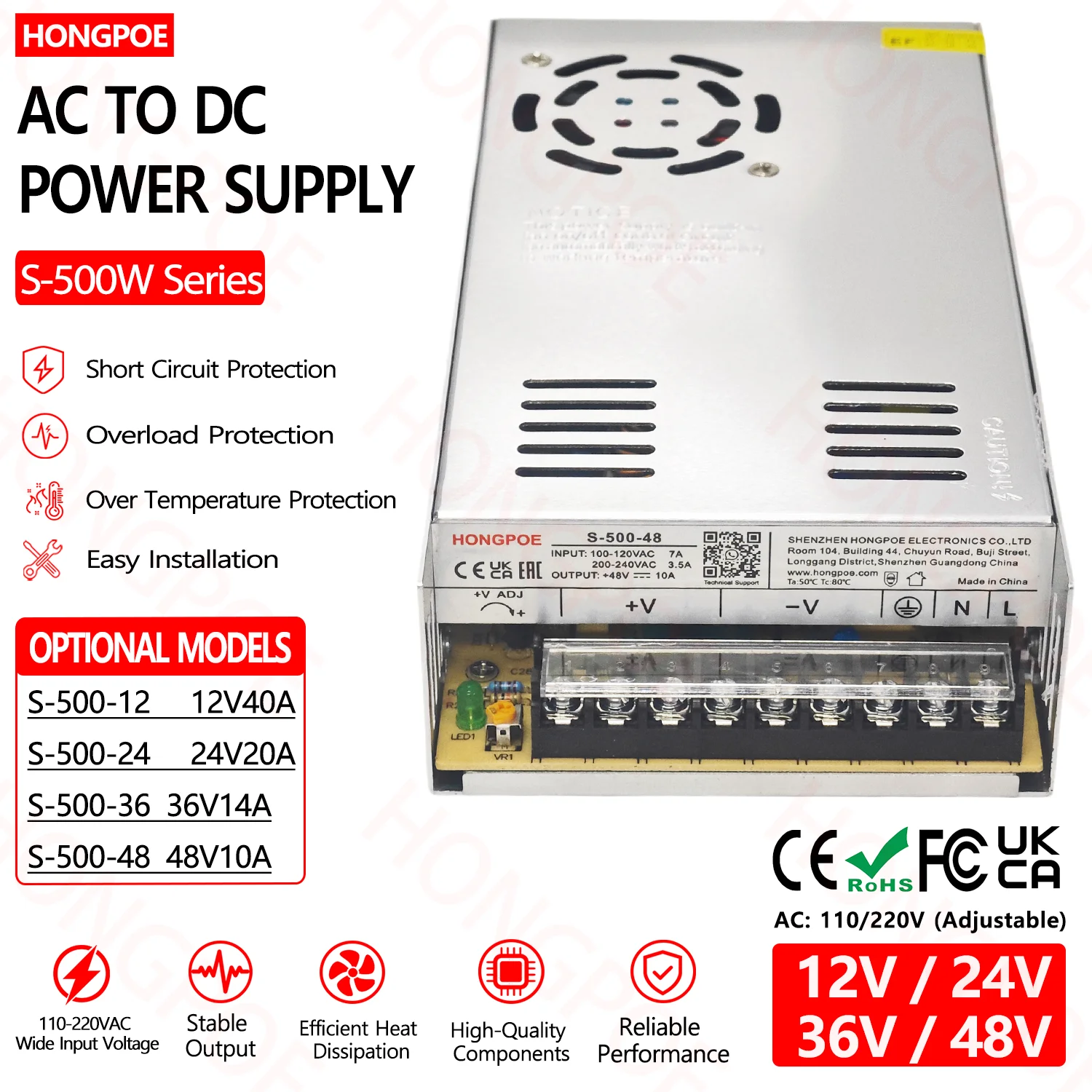 AC to DC Adjustable Power Supply S-500W Series, 12V/24V/36V/48V DC, 40A/20A/14A/10A, Industrial Grade for LED Motor Battery CCTV