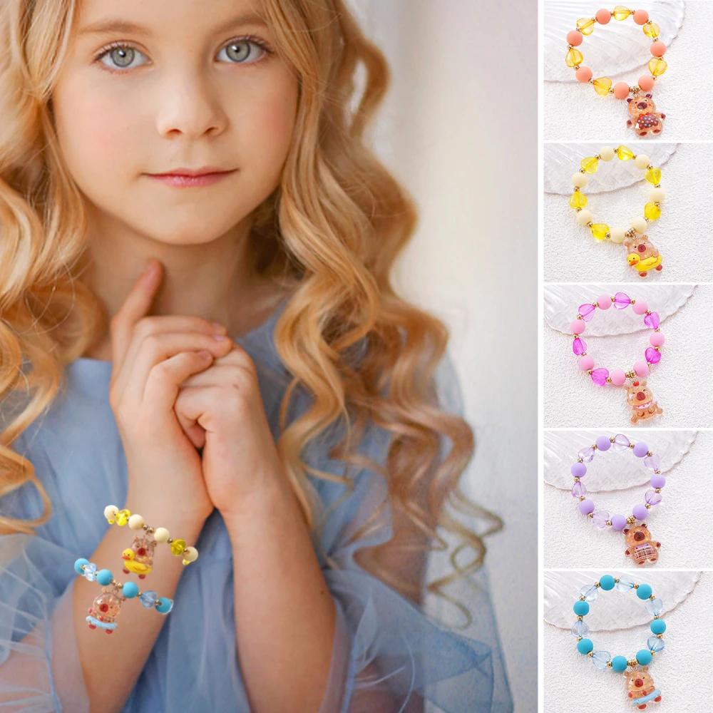 5pcs/set Cute Cartoon Colorful Capybara Charm Rubber Paint Bead Bracelets for Girls Best Party Gift