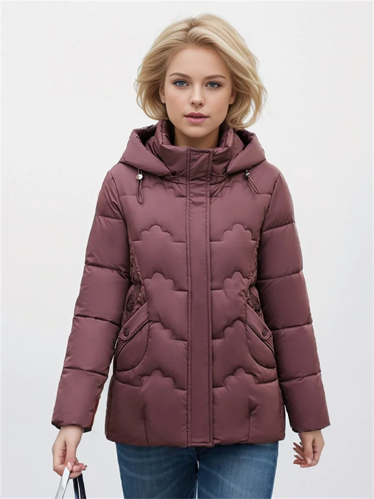 Women's Padded Jackets For Winter New Fashion Embroidered Design At The Waist Solid Color Hooded Padded Thermal Jacket