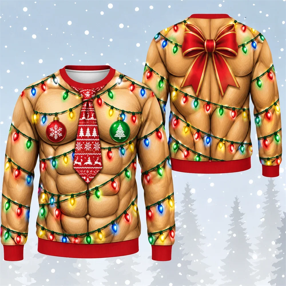 Humour Fun 3D Print Colorful Lights and Muscle Patterns Christmas Ugly Sweater for Men Holiday Personality Unique Sweatshirt New